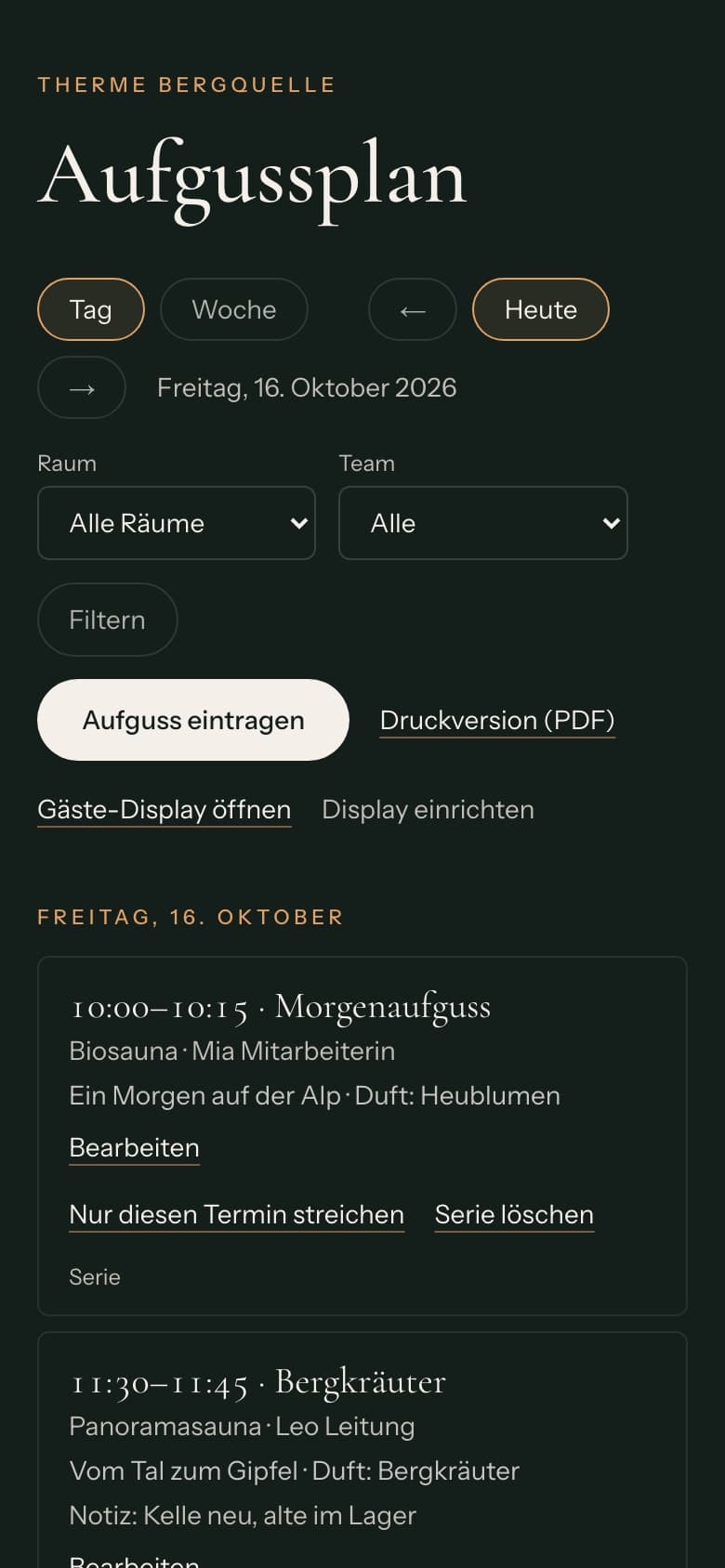 Aufgussplan der Demo-Therme Bergquelle: Tagesansicht mit Aufgüssen, Zeiten, Räumen, Team und Düften, Filter nach Raum und Team
