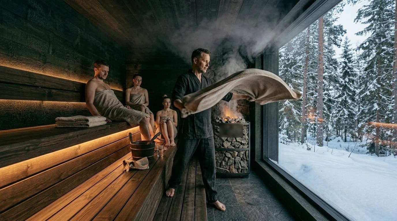 Aufgiesser wedelt mit einem Leinentuch die heisse Luft über die Gäste, Schneewald hinter dem Panoramafenster