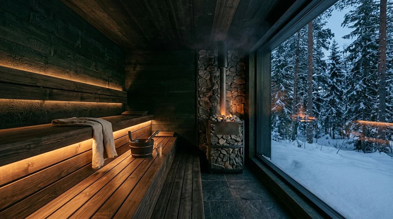 Leere Sauna mit dunkler Holzverkleidung, Lichtleisten unter den Bänken, Steinofen und Panoramafenster in den verschneiten Wald