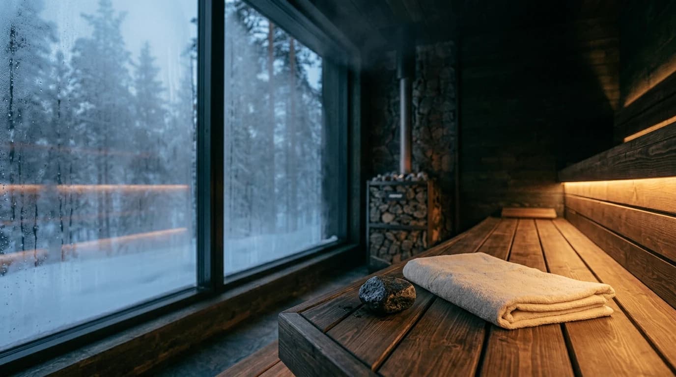 Saunabank mit gefaltetem Leinentuch und einem Saunastein vor einem beschlagenen Fenster in den verschneiten Wald